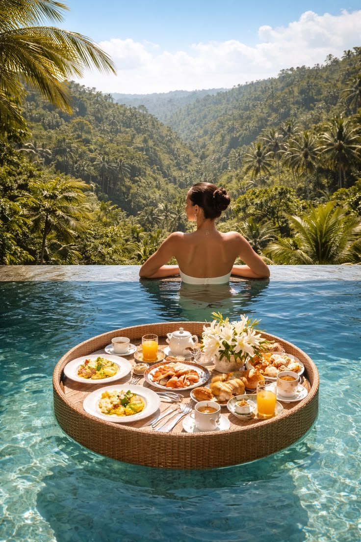 Floating breakfast tray in an infinity pool overlooking the jungle valley