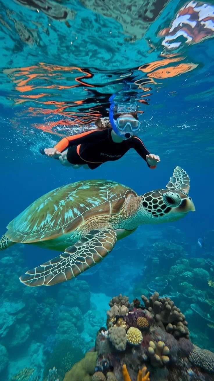 Snorkeler swimming beside a green sea turtle over a coral reef