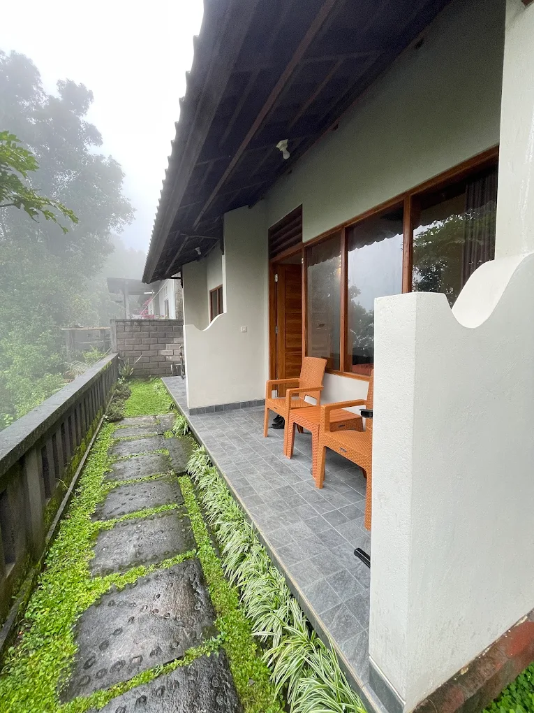 Room terrace in morning mist with stepping-stone path